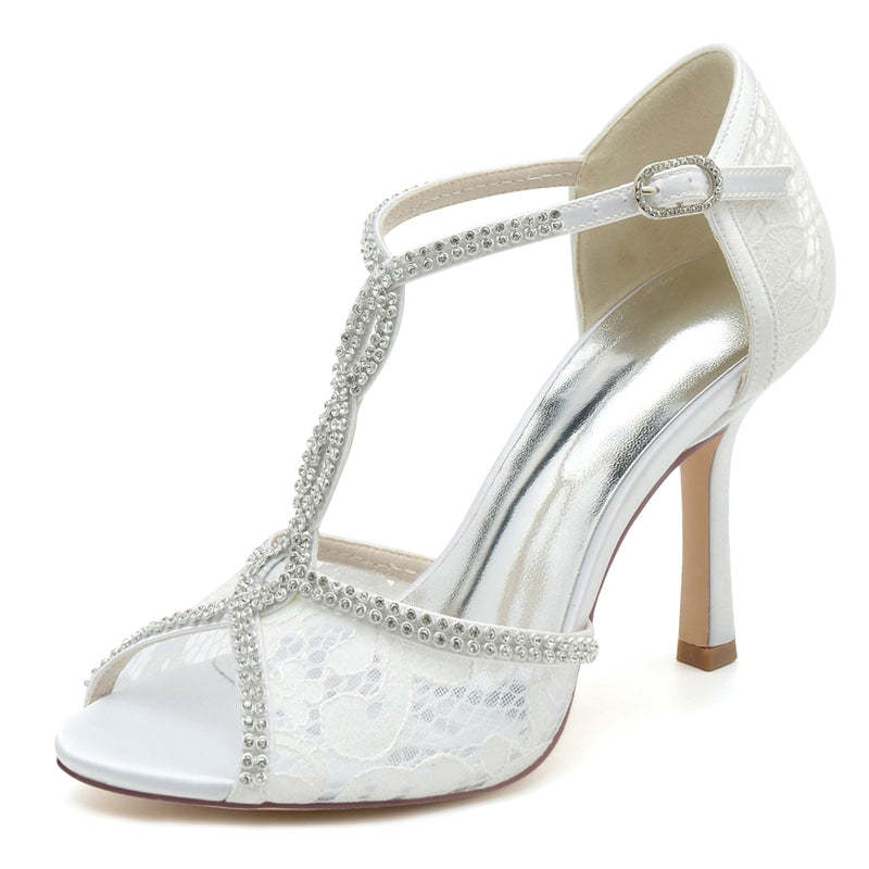 Elegant Peep Toe High Heel Wedding Shoes with Crystal Lace Straps and Luxurious Buckle