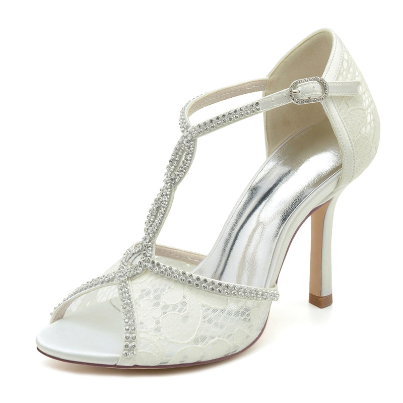 Elegant Peep Toe High Heel Wedding Shoes with Crystal Lace Straps and Luxurious Buckle