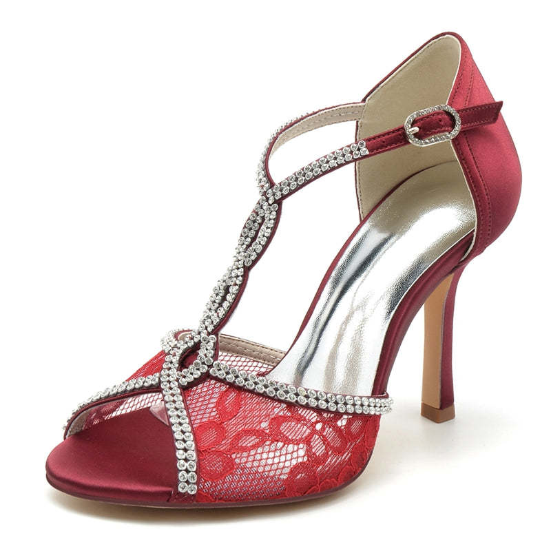 Elegant Peep Toe High Heel Wedding Shoes with Crystal Lace Straps and Luxurious Buckle