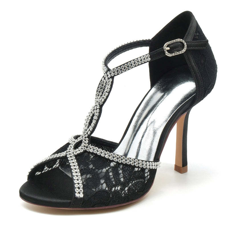 Elegant Peep Toe High Heel Wedding Shoes with Crystal Lace Straps and Luxurious Buckle