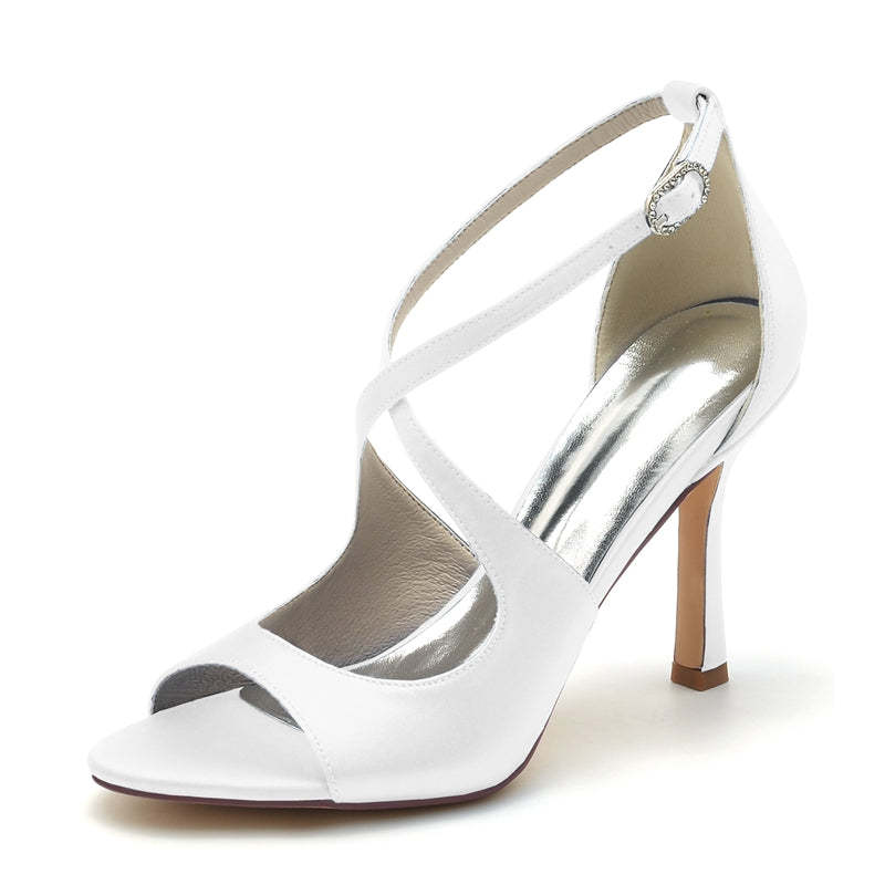 Elegant White Open-Toe High Heel Bridal Shoes for Women with Crossed Straps