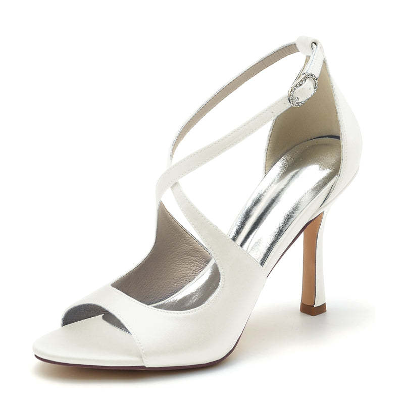 Elegant White Open-Toe High Heel Bridal Shoes for Women with Crossed Straps