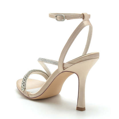 Elegant Peep Toe Stiletto Heel Bridal Shoes for Women with Ankle Buckle and Imitation Rhinestone