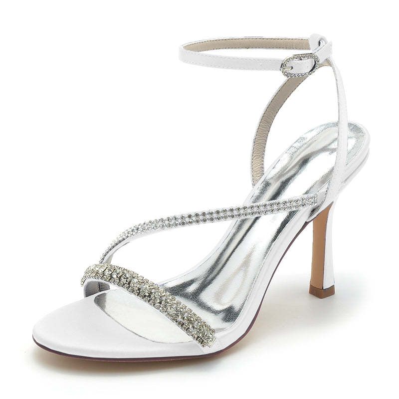 Elegant Peep Toe Stiletto Heel Bridal Shoes for Women with Ankle Buckle and Imitation Rhinestone