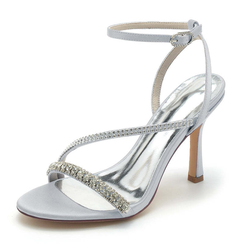 Elegant Peep Toe Stiletto Heel Bridal Shoes for Women with Ankle Buckle and Imitation Rhinestone