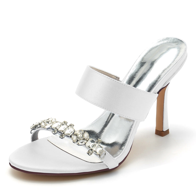 Bridal Stiletto Heel Slip-On Shoes for Women with Rhinestone and Opened Toe