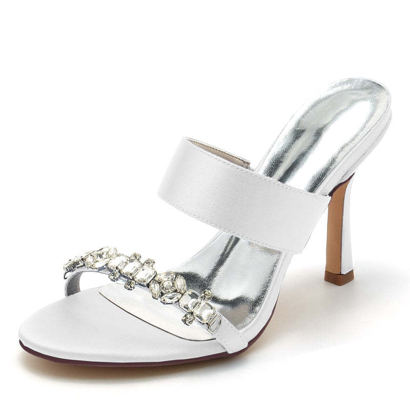 Bridal Stiletto Heel Slip-On Shoes for Women with Rhinestone and Opened Toe