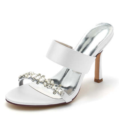 Bridal Stiletto Heel Slip-On Shoes for Women with Rhinestone and Opened Toe
