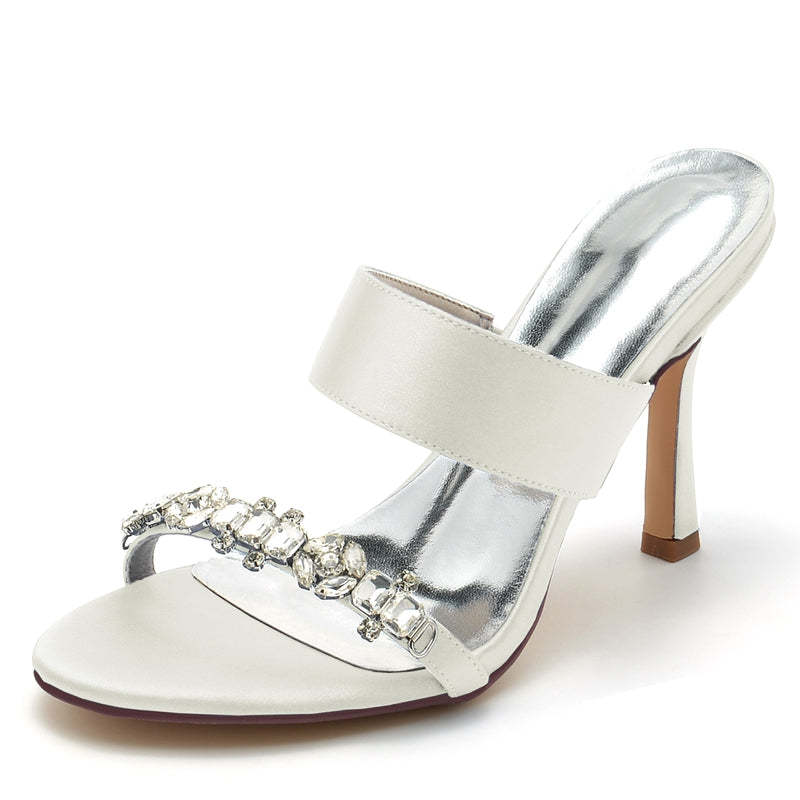 Bridal Stiletto Heel Slip-On Shoes for Women with Rhinestone and Opened Toe