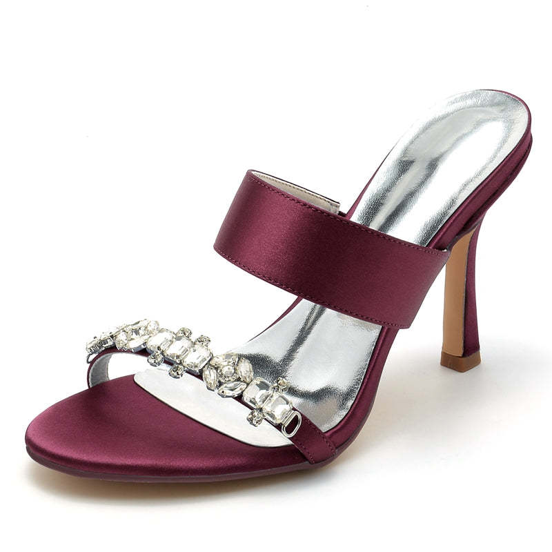 Bridal Stiletto Heel Slip-On Shoes for Women with Rhinestone and Opened Toe