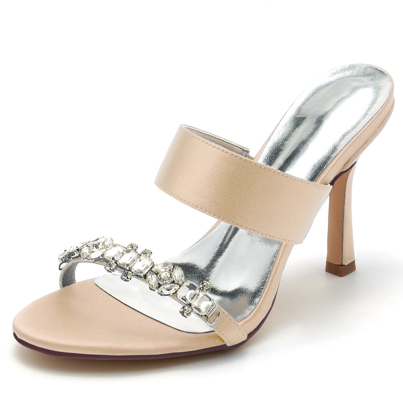 Bridal Stiletto Heel Slip-On Shoes for Women with Rhinestone and Opened Toe