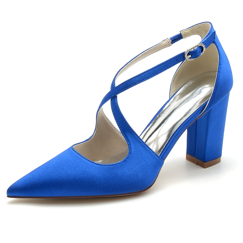 Elegant Bridal Shoes for Women with Crossed Straps and Pointed Toe Block Heel