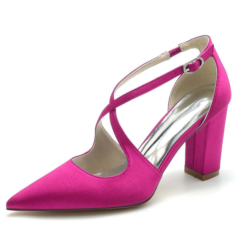 Elegant Bridal Shoes for Women with Crossed Straps and Pointed Toe Block Heel