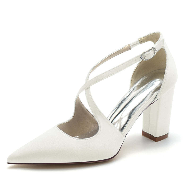 Elegant Bridal Shoes for Women with Crossed Straps and Pointed Toe Block Heel