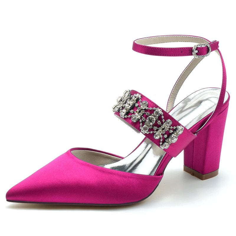 Bridal Shoes for Women with Rhinestone Chain Pointed Toe and Block Heel