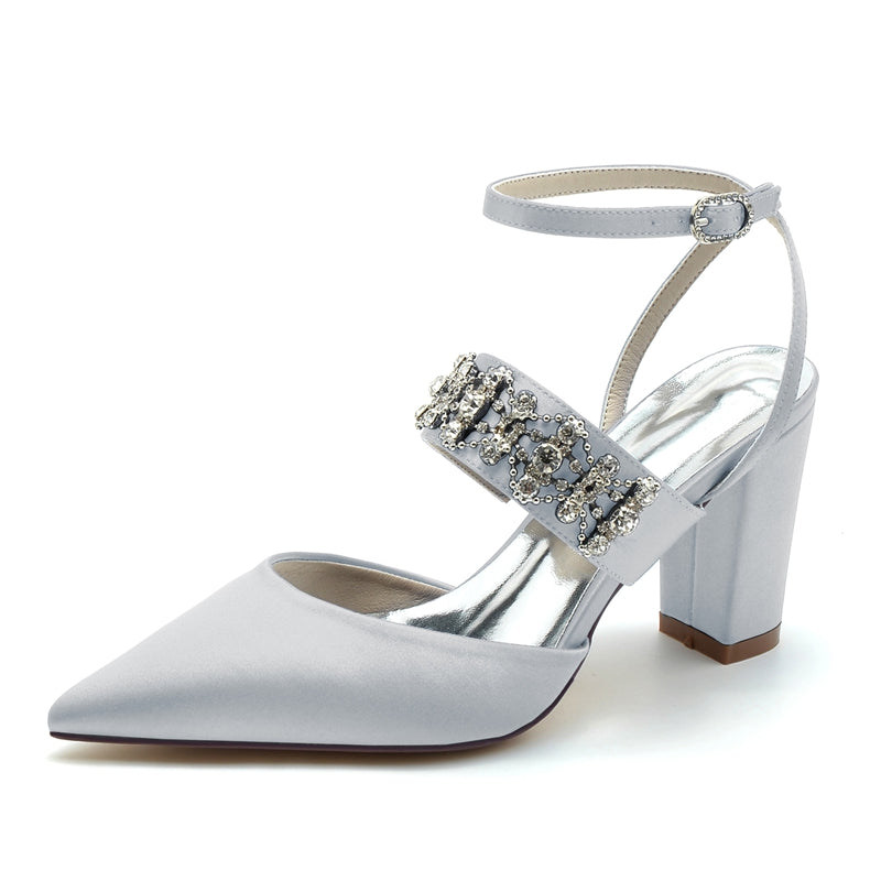 Bridal Shoes for Women with Rhinestone Chain Pointed Toe and Block Heel