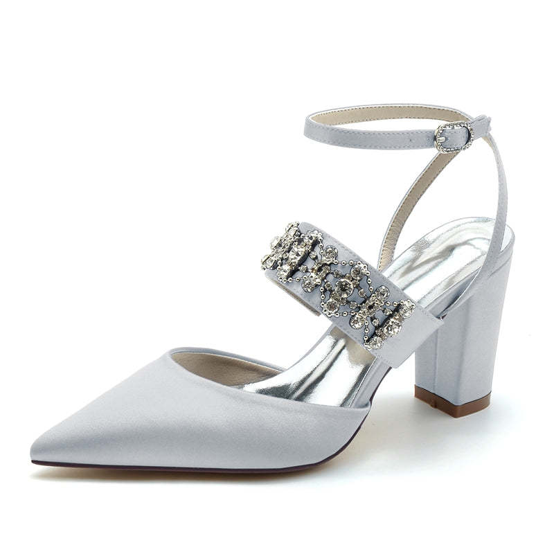 Bridal Shoes for Women with Rhinestone Chain Pointed Toe and Block Heel