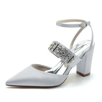 Bridal Shoes for Women with Rhinestone Chain Pointed Toe and Block Heel