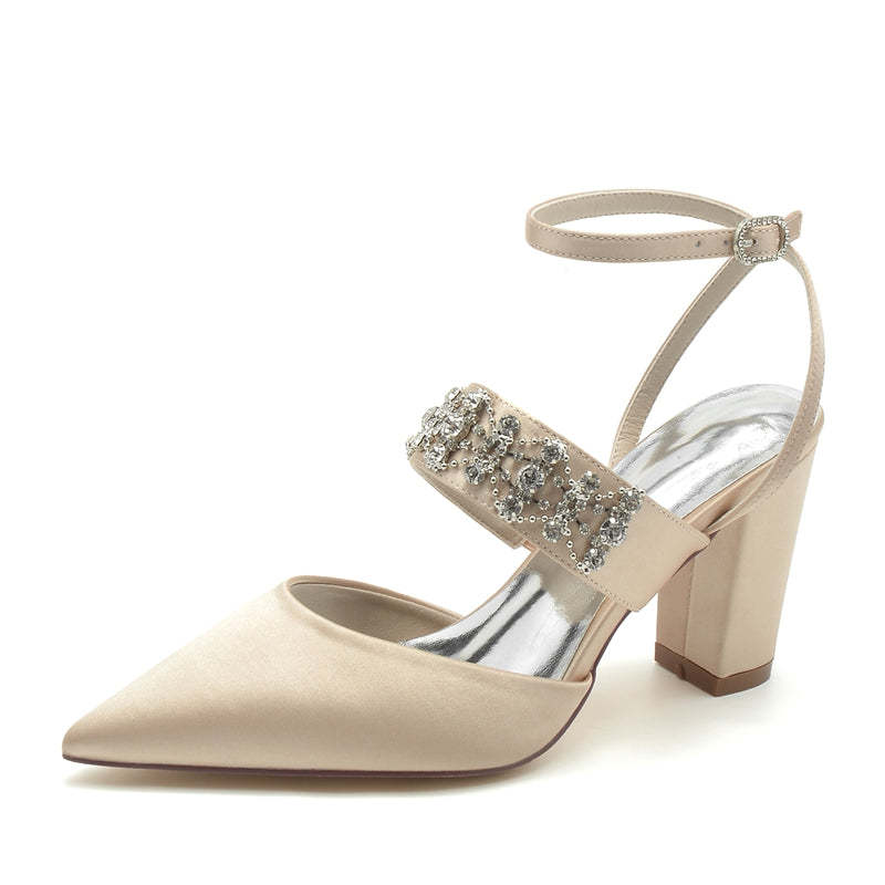 Bridal Shoes for Women with Rhinestone Chain Pointed Toe and Block Heel