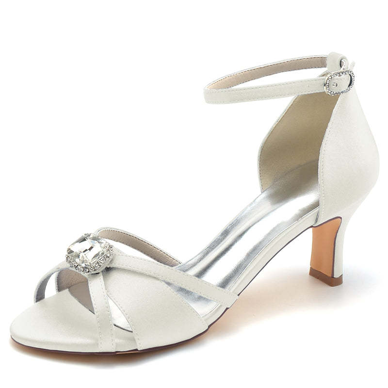 Bridal Shoes for Women with Open Toe Crossed Straps and Square Rhinestone Buckle