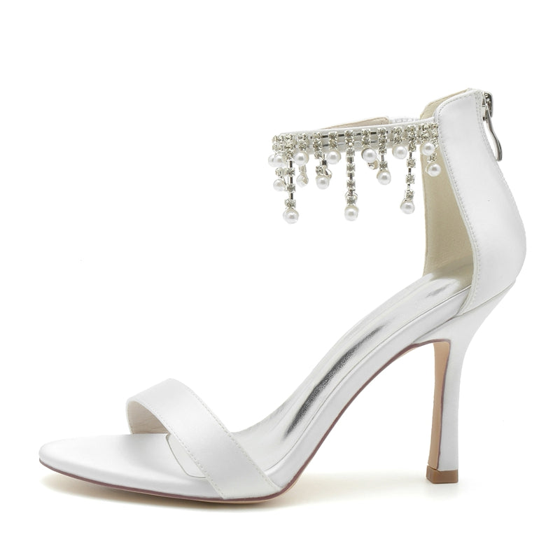 White Peep Toe High Heel Bridal Shoes for Women with Buckle and Pearl Tassel