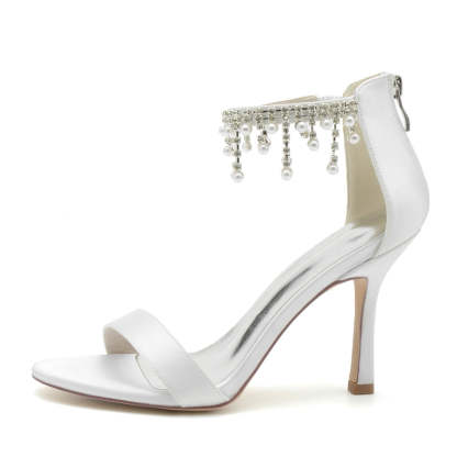 White Peep Toe High Heel Bridal Shoes for Women with Buckle and Pearl Tassel
