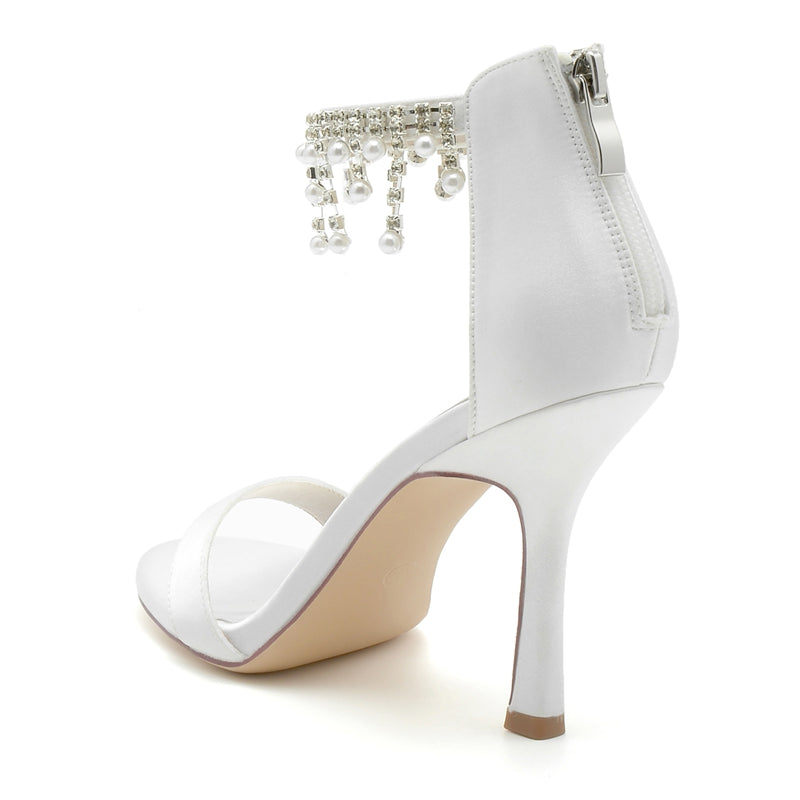 White Peep Toe High Heel Bridal Shoes for Women with Buckle and Pearl Tassel