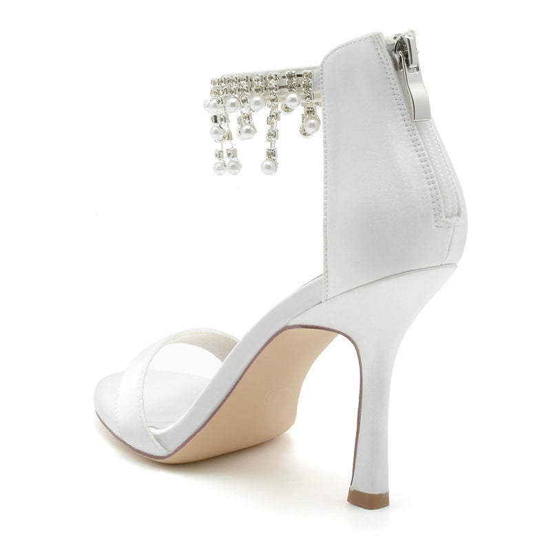 White Peep Toe High Heel Bridal Shoes for Women with Buckle and Pearl Tassel