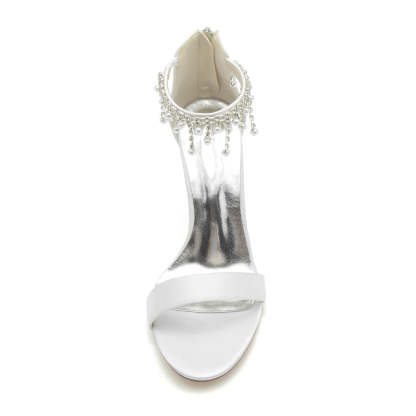 White Peep Toe High Heel Bridal Shoes for Women with Buckle and Pearl Tassel
