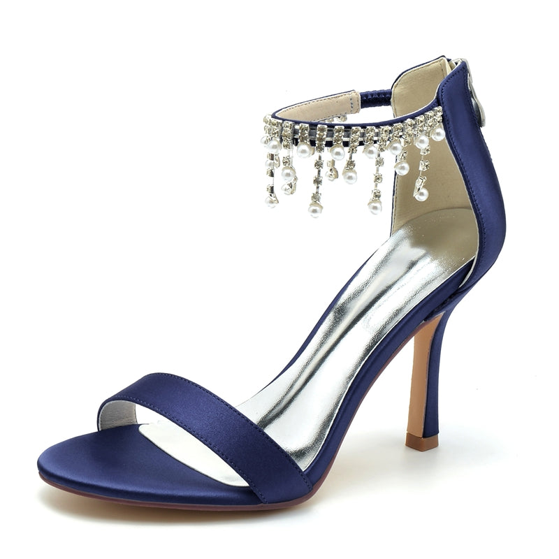 White Peep Toe High Heel Bridal Shoes for Women with Buckle and Pearl Tassel