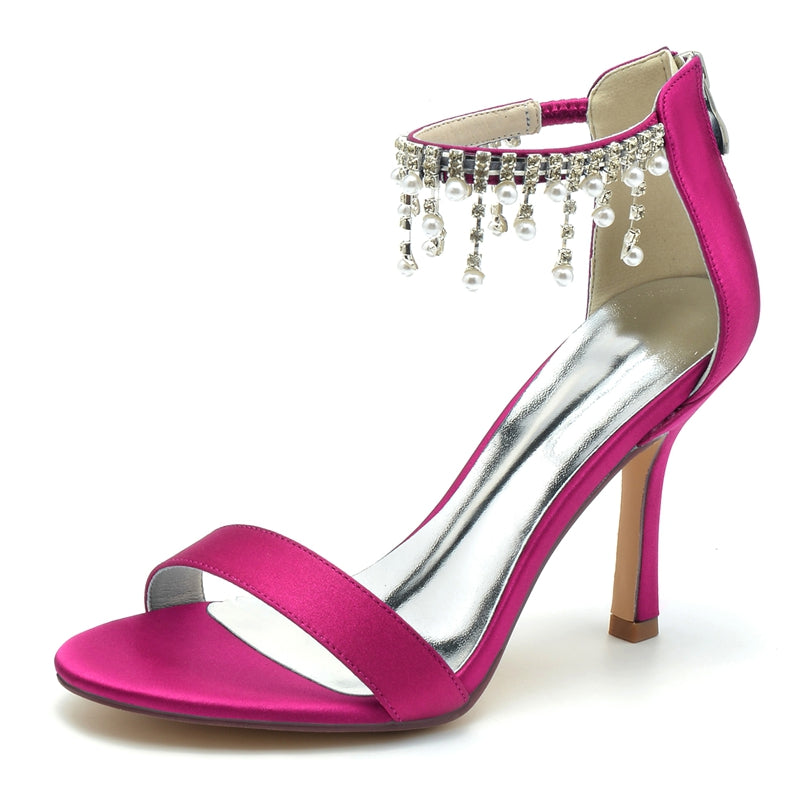 White Peep Toe High Heel Bridal Shoes for Women with Buckle and Pearl Tassel