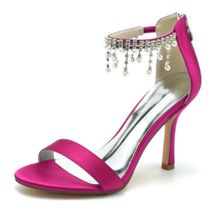 White Peep Toe High Heel Bridal Shoes for Women with Buckle and Pearl Tassel