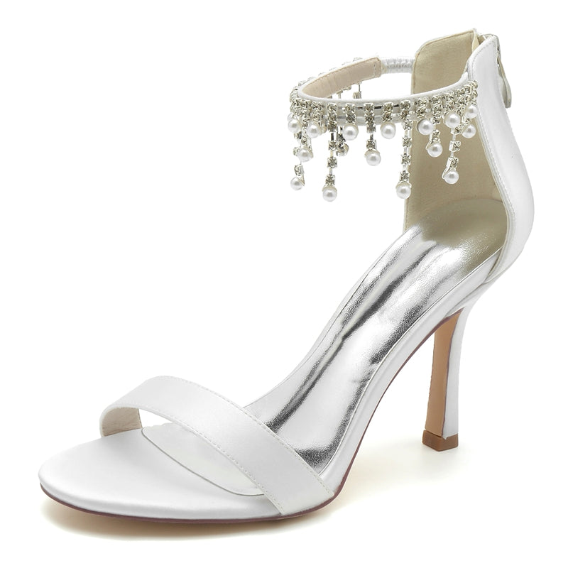 White Peep Toe High Heel Bridal Shoes for Women with Buckle and Pearl Tassel