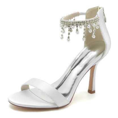 White Peep Toe High Heel Bridal Shoes for Women with Buckle and Pearl Tassel