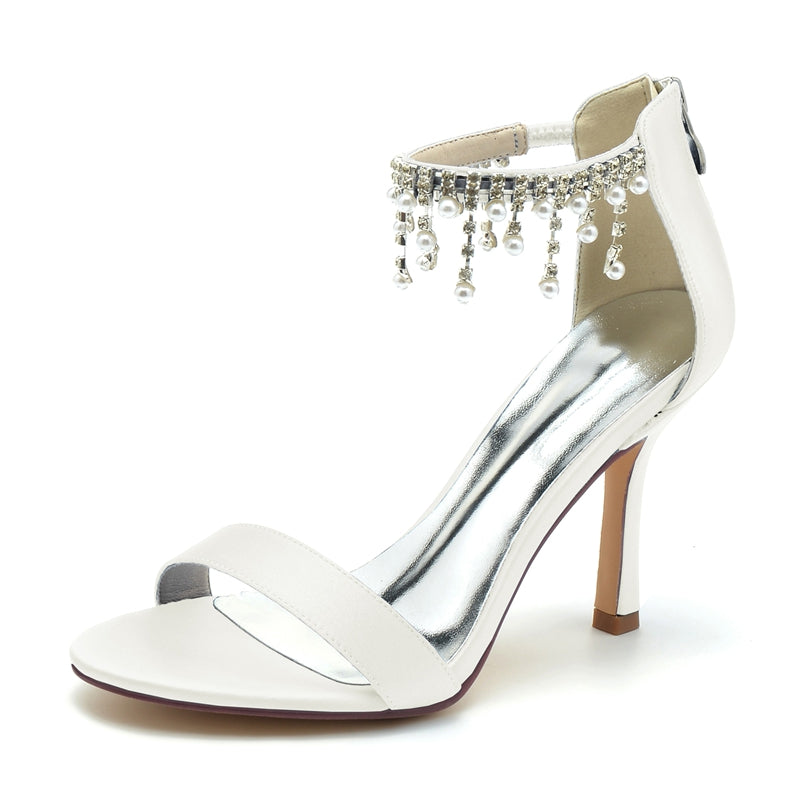 White Peep Toe High Heel Bridal Shoes for Women with Buckle and Pearl Tassel