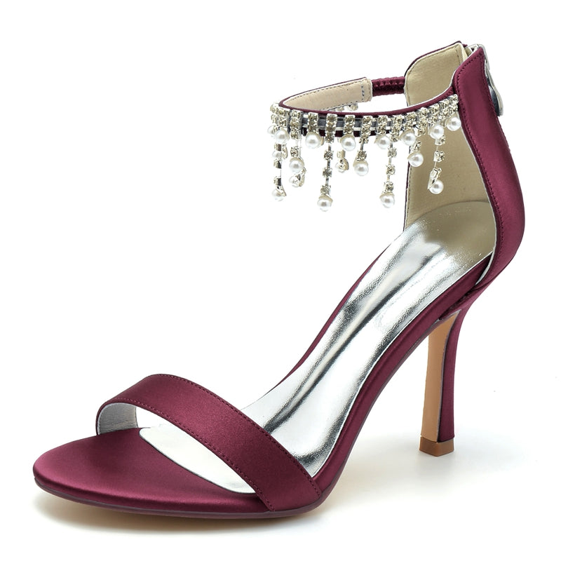 White Peep Toe High Heel Bridal Shoes for Women with Buckle and Pearl Tassel