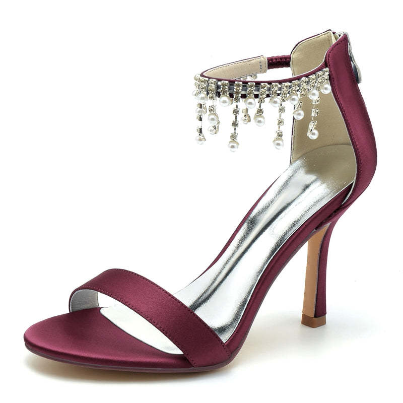 White Peep Toe High Heel Bridal Shoes for Women with Buckle and Pearl Tassel