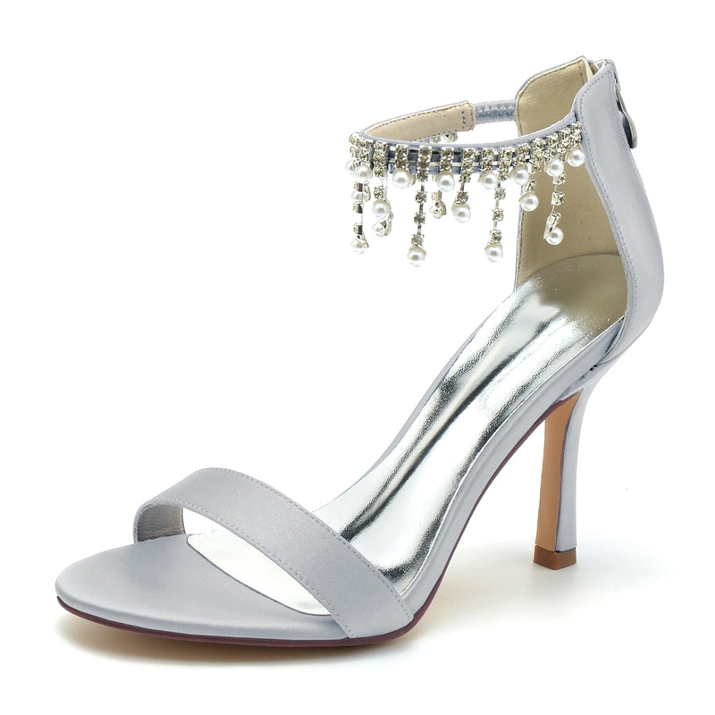 White Peep Toe High Heel Bridal Shoes for Women with Buckle and Pearl Tassel
