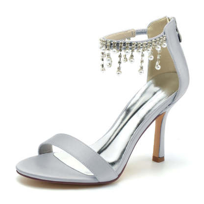 White Peep Toe High Heel Bridal Shoes for Women with Buckle and Pearl Tassel
