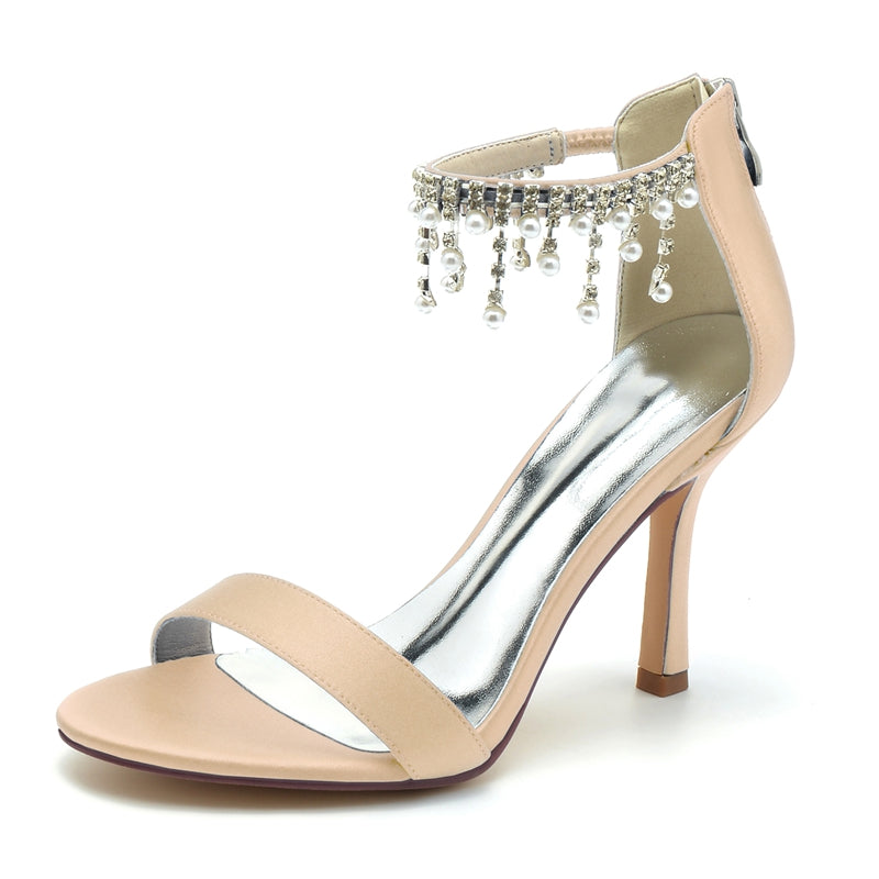 White Peep Toe High Heel Bridal Shoes for Women with Buckle and Pearl Tassel