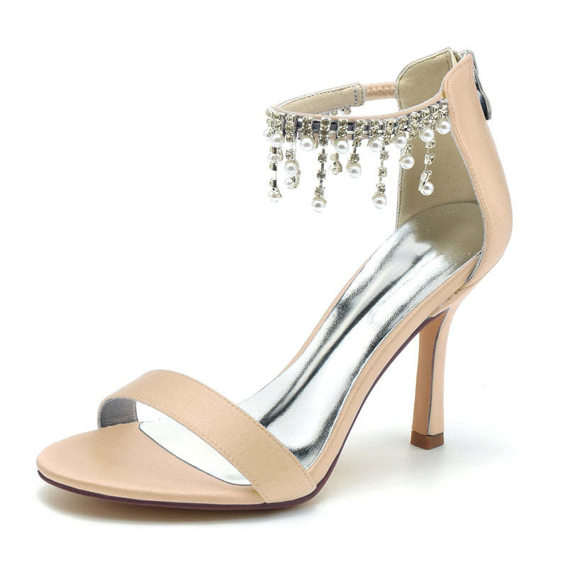 White Peep Toe High Heel Bridal Shoes for Women with Buckle and Pearl Tassel