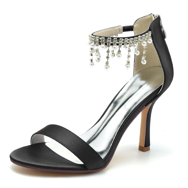 White Peep Toe High Heel Bridal Shoes for Women with Buckle and Pearl Tassel