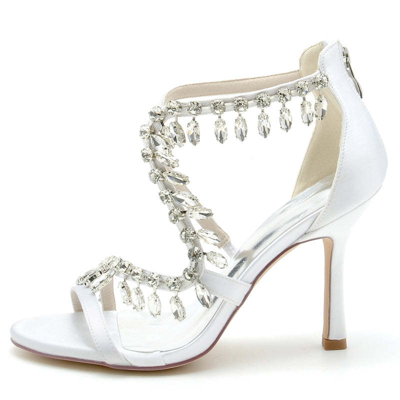 Chic Bridal Stiletto Heels with Asymmetrical Straps and Rhinestones