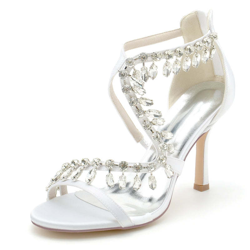 Chic Bridal Stiletto Heels with Asymmetrical Straps and Rhinestones
