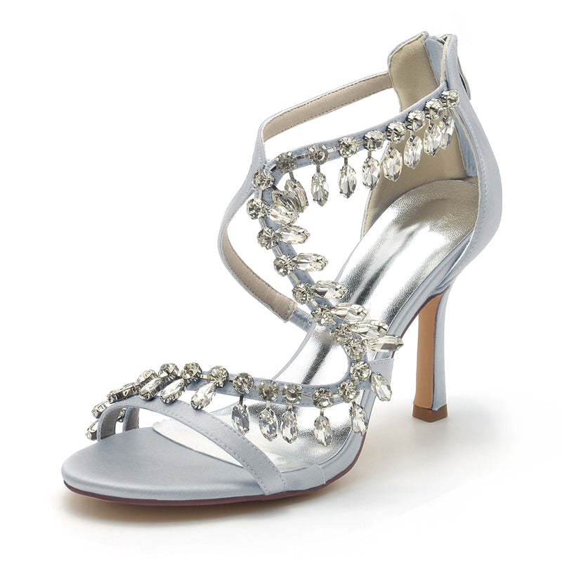Chic Bridal Stiletto Heels with Asymmetrical Straps and Rhinestones