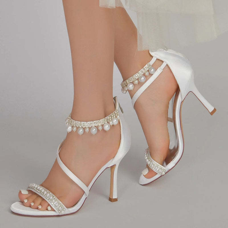 White Opened-Toe Women's Bridal Shoes with Crossed Straps Exquisite Pearl Buckle