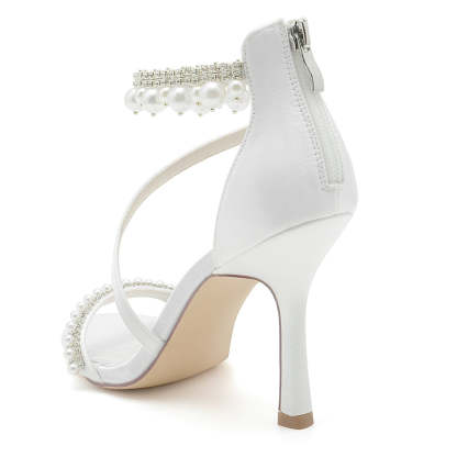 White Opened-Toe Women's Bridal Shoes with Crossed Straps Exquisite Pearl Buckle