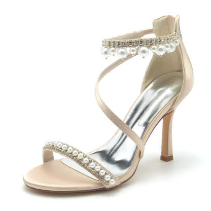 White Opened-Toe Women's Bridal Shoes with Crossed Straps Exquisite Pearl Buckle