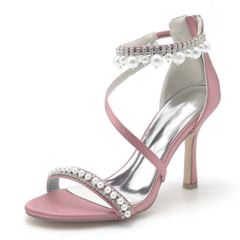 White Opened-Toe Women's Bridal Shoes with Crossed Straps Exquisite Pearl Buckle
