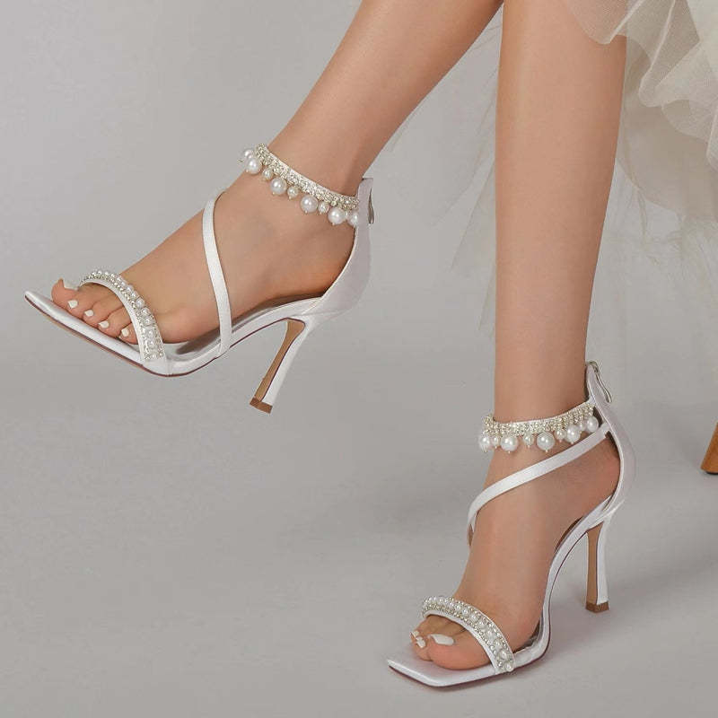 Bridal Shoes for Women with Peep Toe High Heel Crossed Straps Buckle and Pearl